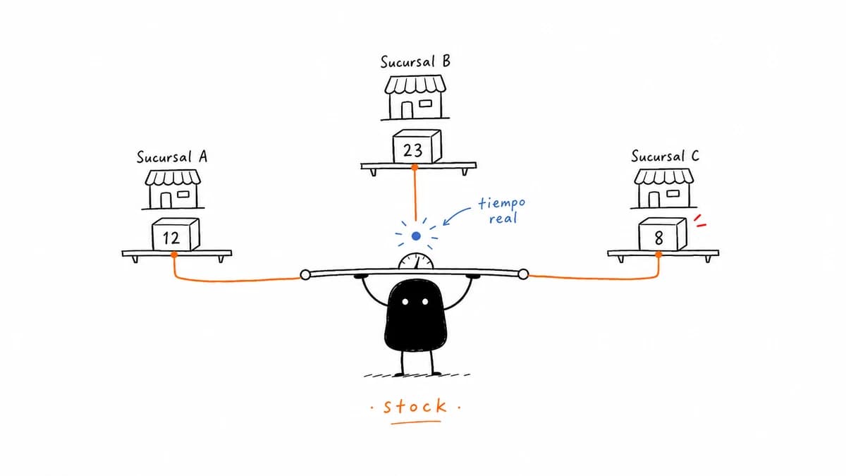 Ilustración de stock conectado en tiempo real entre varias sucursales.
