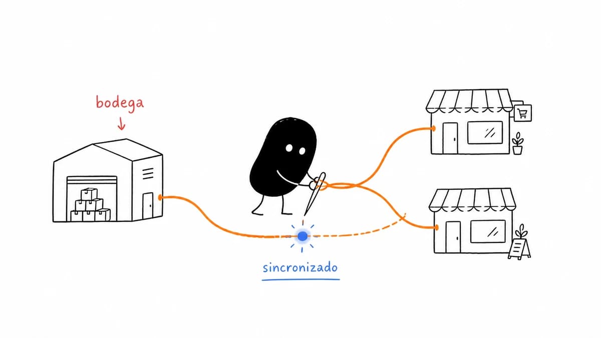 Ilustración de bodega y sucursales sincronizadas por una misma operación.